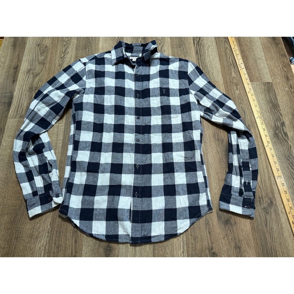Merona Shirts Mens Size Small Navy Blue White Long Sleeve Plaid Flannel